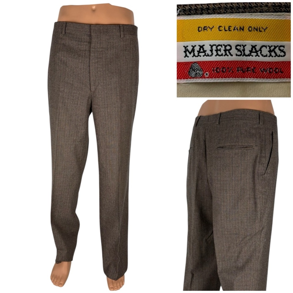 Majer Mens 34 Slacks Trousers Pants Pleated 100 % Pure Wool Vintage Brown EUC